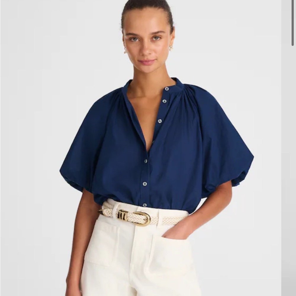 Women's Navy Button-Front Puff Sleeve Top - Picture 1 of 6